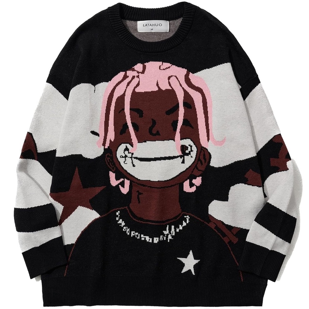 Women’s Long Sleeve Anime Rapper Crewneck Knit Harajuku Sweater Size XXL